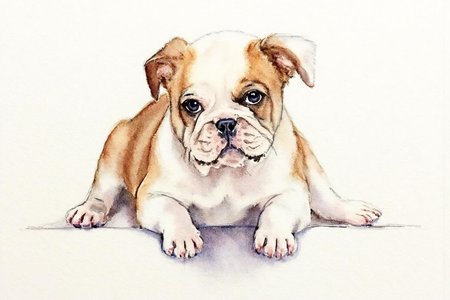 watercolor. 
A young bulldog puppy lying down with its front legs stretched out in front of it, resting on a smooth, light-colored surface.
 <lora:watercolor1_nbm_cap_d6a3e12:1.0><lora:838771297459839777:0>