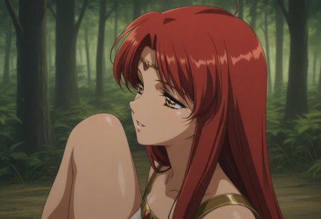 masterpiece, best quality, amazing quality, retro artstyle, 1990s \(style\),1girl,solo,<lora:Illustrious\UrushiharaSatoshiNoob_byKonan.safetensors:3.0:3.0>, 
masterpiece,best quality,amazing quality,
1girl,solo,
<lora:fana_ilxl_v1.1:0.5>,ffana,red hair,yellow eyes,very long hair,f_circlet,
, fantasy, forest, outdoor, 
<lora:Fixhands_anime_bdsqlsz_V1:1>,animated,parted lips, (long body:1.1), (long legs:1.1) ,(small ahed:2:0) , mature_female, retro art style, face focus, light smile,