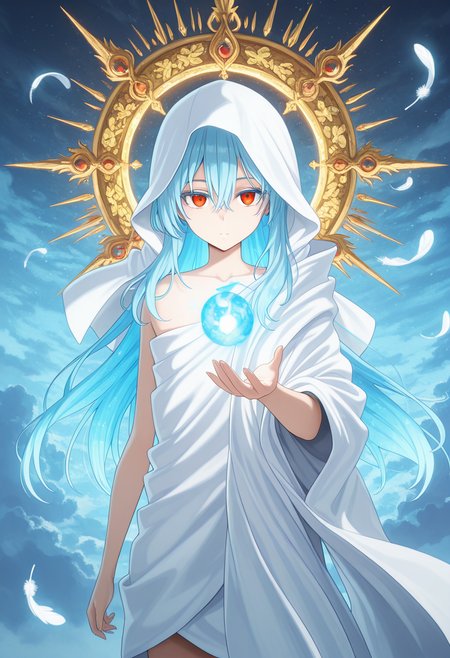 radiant reflections, rich color tones, cinematic ambiance, shimmering gradients, ethereal glow,
colorful, vibrant, very aesthetic, masterpiece, best quality, detailed background, absurdres, divine presence, 
<lora:raphael-v1-000009:1> ts-raphael, 1other, white hooded_robe, right bare shoulders, red eyes, falling feathers, androgynous, reaching towards viewer,