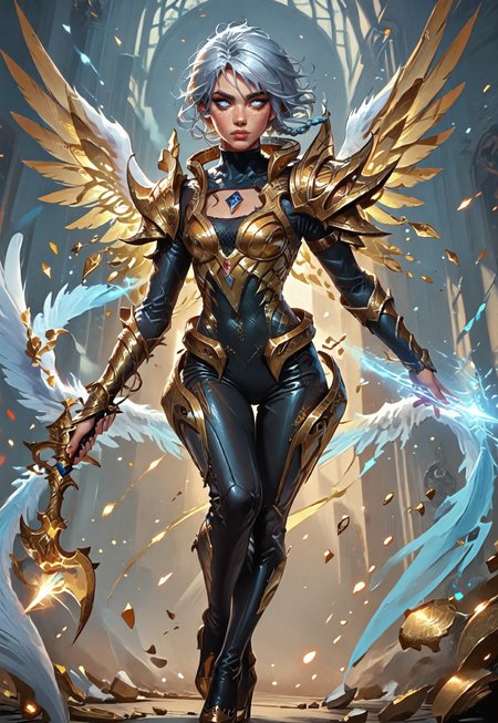((zPDXL3)), ((masterpiece,best quality, highly detailed)), ((score_9)), score_8_up, score_7_up, score_6_up, score_5_up, score_4_up, Digital painting style, brushstrokes, ((EnhanceImage)), solo, 1girl, DBRiven, silver hair, golden armor, black bodysuit, bodysuit, golden shoulder armor, sidebraid, silver eyes, cleavage, short hair, gold shoes, heels, wings, angel wings, blue hand, sword, Expressiveh, tanned-skin, 30yo, adult lustful confident woman, petite, slender body, perky saggy natural breasts, full lips, bangs, sidelocks, straps,
chinese magical sorceress, animated, swirling magic, wisps of magic, dancing pose, tight squeezed outfit, magical accessories, evoking motion, conveying motion, dynamic splash art, 
<lora:PainterlyFantasiaPDXL:0.6>,