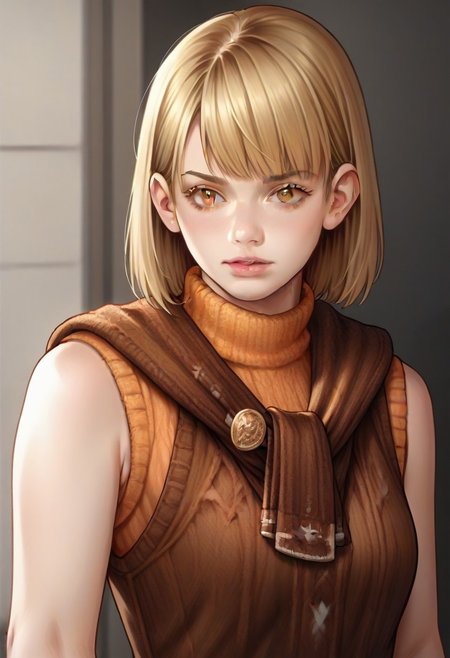 <lora:ashleygraham:0.9>, ashleygraham, photorealism, 1girl,solo,blonde hair,bob cut,bangs, golden eyes,orange turtleneck,sleeveless,brown sweater over shoulder,,green plaid skirt,brown belt, ,,,