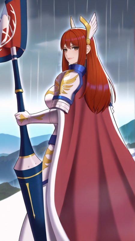 masterpiece, best quality, very aesthetic, absurdres, BREAK, 1girl, looking at viewer, cowboy shot, from behind, 
<lora:Farewell_Erza_Illu_Dwnsty:1>, erz_farewell, brown eyes, red hair, long hair, wing hair ornament, hair ornament, head wings, valkyrie, armored dress, shoulder armor, (red cape), gauntlets, fur trim, pauldrons,
large breasts, lips, light smile, standing, holding weapon, flag, 
outdoors, cliff, mountain, rain, cloudy sky, storm, autumn,