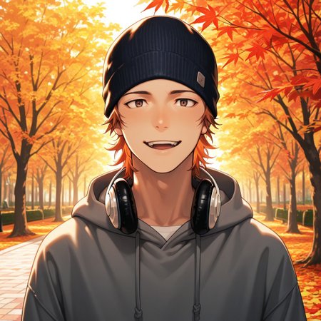 masterpiece, best quality, amazing quality, absurdres, newest, detailed background, definition so sharp, Ultra-HD, 8K cinematic, very awa, impressionate, amazing quality, highres, 
solo, male focus, manly, 
1boy, short hair, beanie, headphone around neck, misaki_orange hair, misaki_brown eyes, misakiyata, casual outfit, hoodie, bright lighting, park, autumn leaves, warm colors, lively, friendly, approachable, genuine happiness, looking at viewer, open mouth smile,