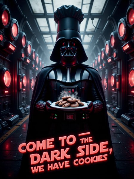movie poster with the title text: "COME TO THE DARK SIDE, WE HAVE COOKIES" in a sci-fi-style 3d text, highly aesthetic, epic composition, low angle view, darth vader is facing the viewer, wearing a chef's hat above his iconic helmet, he is holding a plate of freshly baked chocolate cookies in front of him, the cookies are slightly steaming, as if they just came out of the oven, vader's imposing figure contrasts with the unexpected lightheartedness of the scene, in the background, the cold, industrial interior of the death star is visible, towering control panels flicker with glowing lights, the dark metallic walls and floors reflect the ominous atmosphere of the scene, the subtle red and black color scheme is used to enhance vader's menacing presence, deep shadows are cast across the reflective surfaces of the walls, emphasizing the sterile and foreboding nature of the death star, darth vader stands center stage, dominating the composition, his black cape billowing slightly behind him, darth vader's iconic mask is expressionless, but his body language is commanding, standing tall and proud, the camera angle is a dramatic low-angle shot, making vaderâs imposing figure loom larger than life, the plate of cookies is held at an angle that allows the viewer to see the steam rising, creating a sensory detail that invites the viewer into the scene, the cookies, though small compared to vader, become a crucial point of focus due to the angle and framing, adding to the surreal humor, the lighting is cinematic, with deep shadows cast across vader's figure and the surrounding environment, harsh light reflects off his helmet and chest plate, creating stark contrasts between light and dark, vader is bathed in a subtle red glow, evoking the dark sideâs signature color scheme, while the steam rising from the cookies adds a soft, warm light to the scene, rendered with meticulous attention to detail, the metallic textures of the death star and the glossy surface of vader's armor are depicted with precision, the red and black tones of the environment are enhanced by the atmospheric lighting, creating an intense, foreboding backdrop, the whimsical addition of the chefâs hat and cookies adds to the visual humor while maintaining the epic, cinematic feel of a star wars movie poster, aidmatextimprover, <lora:image_enhancer-flux-by_dever:0.8> <lora:text_improver-flux-by_aidma:0.6>