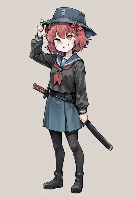 (V1 Temp), break, 1girl. solo, (medium height, pale red hair, orange eyes, short hair, wavy hair, (spider lily in hair), blue boonie hat, black tunic, sailor uniform, red neckerchief, blue skirt, tall blue wellies, black leggings, katana sheath), standing full body, smiling, tired eyes, hand on hat, simple background,