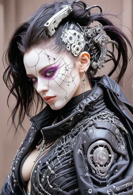 Vibrant colorful niji pastel neon pop art in the style of hr giger, black high collar jacket, solo, Female wired-cyborg heavy armored feudal samurai resembling ergo proxy, pale skinned, busty and black haired with mech reinforces intricate designed mecha arm with bleaked purple and white anime tattoo, reinforced Military Jacket, jewelery Made of mechanical parts, tattoo, Abs, portrait, neon eyes, wired-cyborg, looking back, shining teeth, white eyes,