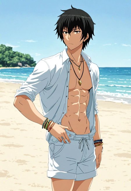 high resolution, solo, best quality, 1Boy, Kanie Seiya, Black Hair, beach, calm, clear sky, candid, open shirt, shorts, sixpack, necklace, bracelet, OverallDetail