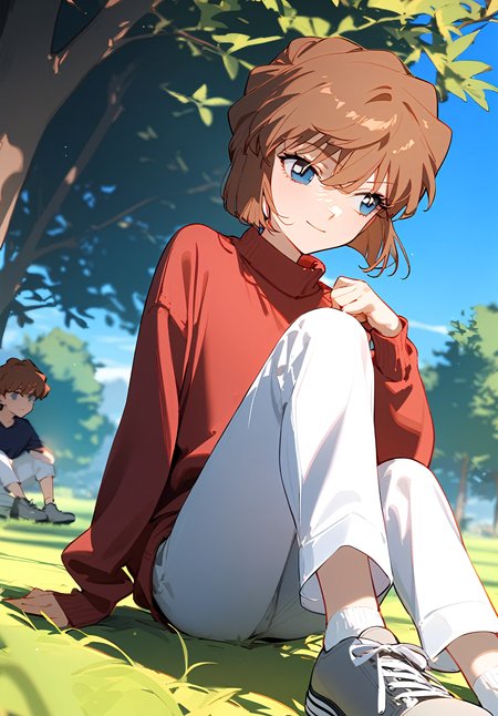 1girl, 
haibara ai, meitantei conan, 
arm support, short hair, socks, hair between eyes, blurry, solo, tree, outdoors, no pupils, sky, white socks, pants, depth of field, closed mouth, long sleeves, blue eyes, on ground, blurry foreground, shirt, grey footwear, white pants, light smile, blue sky, red sweater, day, sitting, sweater, shoes, grass, looking to the side, brown hair, 
masterpiece, newest, absurdres, safe
 <lora:2080ti_ag31_haibara_ai-000011:1> <lora:a31_style_koni:1>