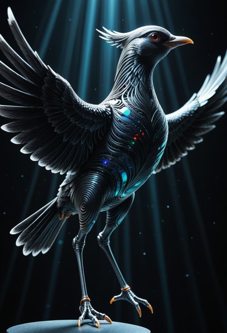 masterpiece, best quality, high resolution, absurdres, ultra-detailed, intricate details, ultra detailed, 8k, highly detailed, very aesthetic, professional 4k, Canon 5d mark 4, extremely detailed, very_detailed, high_detail, sharp focus, clean lines, perfect anatomy, realistic style, 
abstract filigree openwork black cast iron bird figure made out of fractangles with wavy metal swirl, fully transparent, cyberpunk background, ral-mndlbrt, ral-drptpl, Fractangles
film grain, cinematic, colorful, moody lighting, natural light, soft light, depth of field, bokeh, light particles, backlight, chiaroscuro, refraction, subsurface scattering
