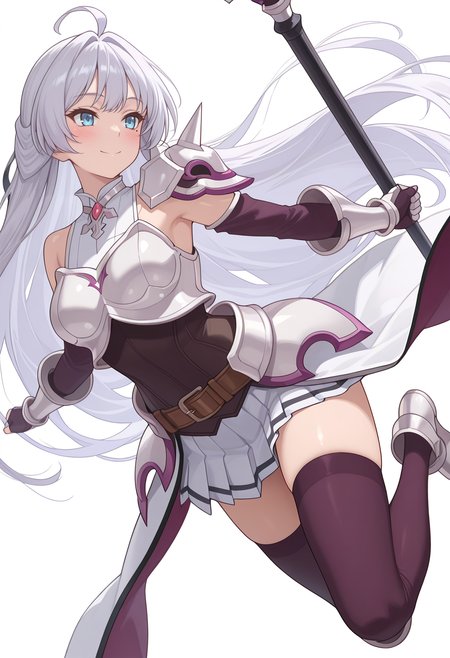 Smooth Quality,masterpiece,very intricate, high quality details, ultra realistic, high detailed skin,detailed enviorement,absurdres,
simple background, white background,
dynamic angle,blush,jumping, arms open, legs bent, smiling, midair,  ,
{sword| staff}
 <lora:Crylet_Kureha_cnn:0.8>kurehacnn,1girl,bangs, blue eyes, ahoge, mole,  bare shoulders, grey hair, very long hair,armor, skirt, thighhighs, detached sleeves, breastplate, belt, shoulder armor, gauntlets,