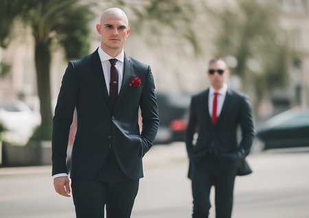 headshot portrait of agent 47,cinemahelper,black suit red tie, hitman, bokeh,sharp focus, depth of field, paris street background