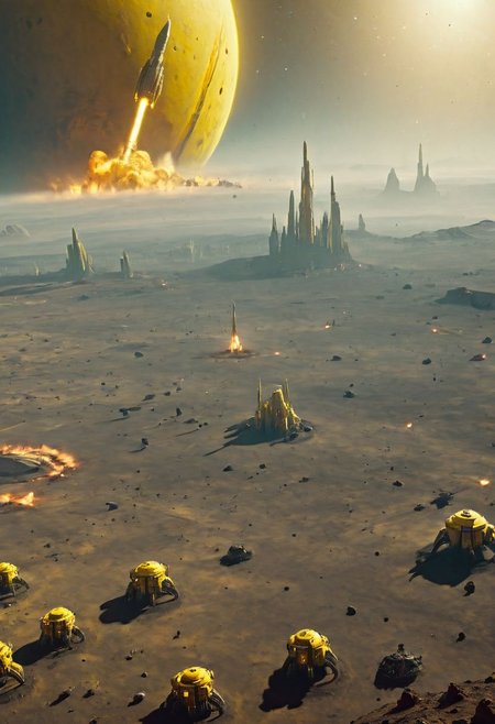 closeup of planets surface, a giant tall yellow drdnght machine with rocket launcher and flamethrower is visible on the Planets surface, walks across an alien battlefield searching for enemies, rockets streak across the sky and explode at the Horizon