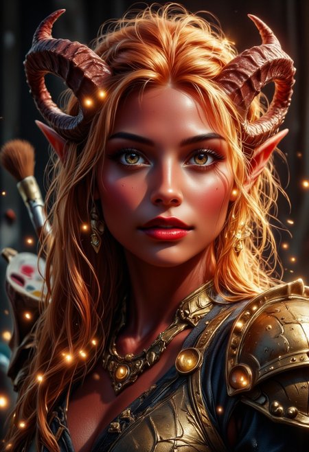 portrait of a strong beautiful tiefling artist She is body painted wearing golden plated armour. She has radiant dark red skin and expressive, glowing eyes, and long glowing bright copper flowing hair made of light. 
 The background features an art studio setting with various art supplies. A palette of paints is visible on the left side. A small container of magical golden glowing ink. The artist is a painting tiefling with a fine brush, only the artists hand is visible.
Jed-Tflng, brown eyes,  red lips,  tall female Tiefling, large red curved horns, deep red skin darkestfantasy
The image is magical, the colours are gleaming with a glowing golden sparks and highlights.aidmaMJ6.1