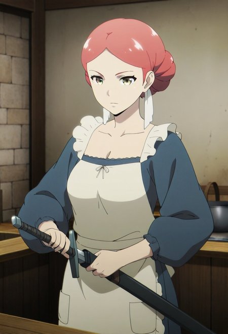 masterpiece,best quality,amazing quality, luka, light red hair, hair bun, yellow eyes, 1girl, solo, weapon, sword, anime coloring, sheath, apron, anime coloring