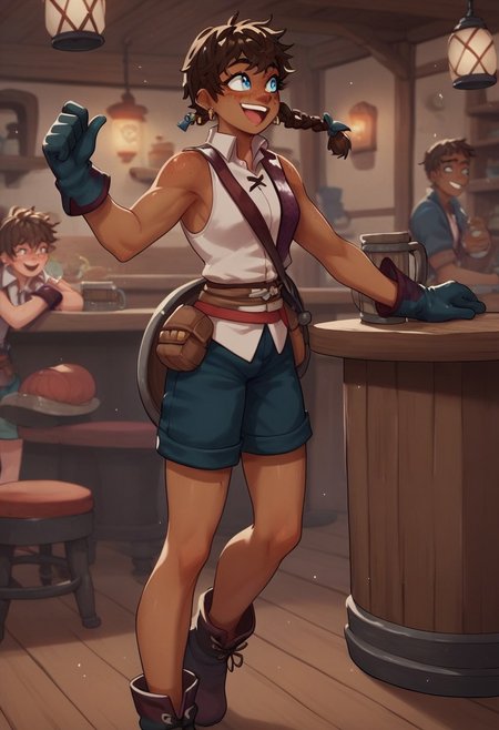 score_10, score_9, score_8, score_7, 
m1nt,
brown hair, very short hair, braid, freckles, dark skin, dark-skinned female, blue eyes, tomboy,
gloves, earings, jewelry, shirt, shorts, sleeveless, ankle boots, belt,
standing, happy, tavern,