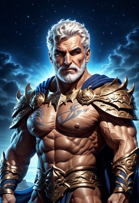 4k, digital art, semi realistic, fantasy, best quality, masterpiece, very detailed, dynamic angle, dynamic pose, portrait of a male bodybuilder, huge bodybuilder, mature, massive arms, huge pectorals, short hair, white hair, white beard, long beard, handsome, big nose, big eyes, anime eyes, greek god, wearing a greek tunic, showing muscles, ancient greece, sitting on a throne, holding an eagle, night sky on the background (cinematic light, volumetric)