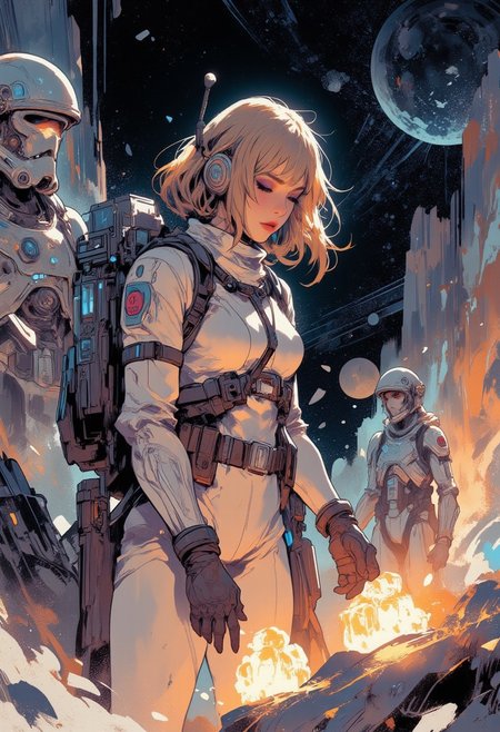 Mh1$AgThS2, intricate linework with expressive contrasts, soft lighting with dynamic highlights, blonde female astronaut scientist with dark eyeshadow, in spacesuit, investigating glowing rocks on a distant planet, with non-humanoid robotic R2D2-like science droids, dark sky, stars, nebula. Impressionistic, ligne claire outlines for clarity and structure, In the style of ff-td