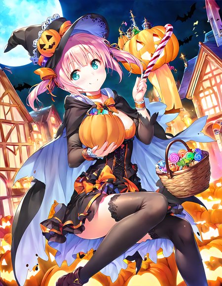 score_9,score_8_up,score_7_up,source_anime,1girl,solo,halloween costume,halloween,trick or treat,witch,pumpkin hat,witch hat,food-themed hair ornament,pumpkin hair ornament,orange choker,cape,silk,orange ribbon,thighhighs,swirl lollipop,black legwear,jack-o'-lantern,basket,holding lantern,halloween bucket,holding vegetable,sweets,candy,candy cane,cookie,silhouette,bat,ghost,black cat,pumpkin,castle,pennant,clock tower,church,cross,graveyard,tombstone,coffin,town,gate,bare tree,spider web,night sky,full moon,moonlight,looking at viewer,smile,:d,light_blush,<lora:pony_xl_chris:0.9>,chris,