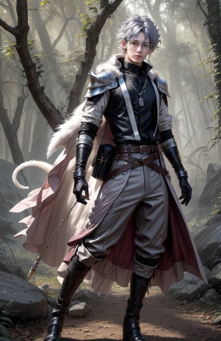 8k,  ((masterpiece)).((best quality:1.2)),  sharp focus, full body, head to toe, 1 young man, 22 years old, youthful appearance, male focus, dynamic pose,  silver colored hair, curly hair, EYESHD, Nora outfit fur accents, Nora outfit bead necklaces, Nora outfit pants, Nora outfit hip quiver, Nora outfit leg guards, Nora outfit arm braces, Nora outfit belt with pouches, and Nora outfit fur boots,   defined body, thin waist, looking at camera, armor,  detailed background a wooded clearing, a pet wolf standing nest to him,(absurdres) , <lora:more_details:0.5>, <lora:wrenchftmfshn>,<lora:add-detailxl:0.8>, <lora:Eyes_High_Definition-000007>,  <lora:bulge:1>, <lora:lightup_brightness_v200:1>, <lora:Nora:1>