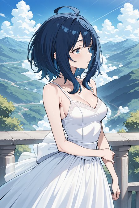 1girl,(solo),anime,masterpiece, best quality, amazing quality, very aesthetic, absurdres, newest, scenery, <lora:Diana_epoch_2:1>, blue hair, medium hair, ahoge, blue eyes, skinny,wedding dress,
