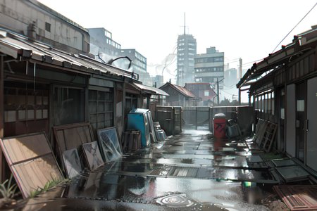 highly insanely detailed, masterpiece, top quality, best quality, highres, 4k, 8k, RAW photo, (very aesthetic, beautiful and aesthetic),  
(rsef style,fevercell style),futuristic_landscape,glitch_effects,chromatic_aberration,digital_aesthetics,vivid_colors, 
<lora:rsef-000225:0.7>, 
(1girl:1.3), 
1other, 
, 
, 
very short hair,metal hair, 
(breast curtains), 
ruanyi0042,building,outdoors,dirty,garbage,peeling paint,graffiti,ruins,abandoned,dark,eerie,no humans,vegetation,dilapidated,messy,door,air conditioner,box,bicycle,street,bucket,(dirt path,dirt road,muddy path,stone_paved_path),high-tech floor,floating walkway,cobblestone,metal grate,old street,eco-friendly materials,sidewalk,food,house,soda can,window,fence,bottle,wall,motor vehicle,trash bag,brick wall,road,graffiti,cardboard box,fence,street,food,puddle,door,box,lamppost,house,plastic bag,trash bag,cup,stairs,brick wall,soda can,plant,wall,power lines,scenery,(glass floor),bucket,motor vehicle,air conditioner,trash can,bottle,cloudy,floating cloud,Sea of clouds,raging storm,ragingstorm,tempest,typhoon,lightning glare,lightning,lightning bolt,wind,heavy_rain,evacuations,dreamy backdrop,day,half_moon, 
,âââ
