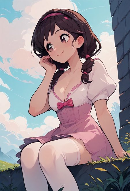 score_9, score_8_up, score_7_up, score_6_up, score_5_up, score_4_up, source_anime, 1girl, solo, djeetadef, pink hairband, dress, cleavage, puffy sleeves,  white stockings, smile, adjusting hair, brunette pigtails, looking forward, sky, sitting on lawn, landscape, from below