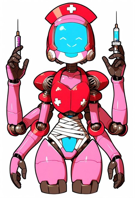 PonyScores7, robot, anime, humanoid robot, robot, robot joints, helmet, armor, robot girl, humanoid, digital eye, monitor face, digital nose, digital mouse, Body like a human,Robot Girl, Robogirl, SFW,  nurse, nurse cap, ^v^, many arms, extra arms, holding syringe, holding bandages, closed eyes smile mark face, red line, white and pink skin, screenface, simple face, screen head, mask, helmet, solo, 1girl,
