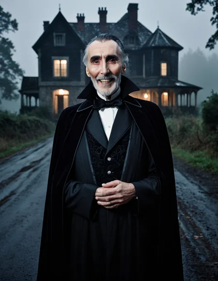 an old christopher lee, dracula alike, with a creepy smile,  in the foreground, looking at the camera, he is very creepy,creepy enigmatic smile,hes sems to invite you in,  nighttime, dense fog,  abandoned house, rural road, heavily wooded area, heavy fog, misty, (dark, dim, dim lighting:1.4), creepy, evil, midnight    <lora:Greys_Alien_Character_Creation_for_Flux.1_Dev:.3> alien, (score_9,score_8_up,score_7_up) (8k, RAW photo, highest quality, best quality, masterpiece, ultra-detailed, hires, absurdres, sharp focus), (photorealistic, hyper-realistic)