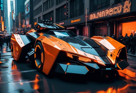 (medium full shot) of (advanced mobile orange futuristic armored car, batmobile style) with titanium-alloy armor, elegant design, electric engine, bulletproof windows, adorned with tactical markings, set in  a neon-drenched city street, with holographic billboards, sleek vehicles, a bustling nightlife, ,Masterpiece,best quality, raw photo, realistic, very aesthetic