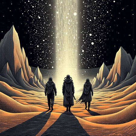 monochrome, lineart, dark, Desert nomads, wandering, waterfall of stardust, dreaming, astronaut, surreal, fantasy, warm colors, orange sand dunes, glowing stars, night sky, silhouettes, dramatic, mysterious, detailed background, intricate costumes, atmospheric, detailed faces, emotion, adventure, epic, dreamlike, storytelling.<lora:vorticaFlux:0.9>