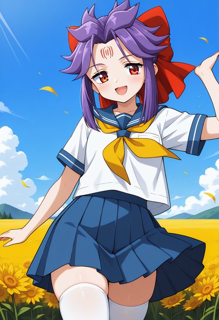 eretzvaju_kakurine, facial mark, forehead mark, red eyes, purple hair, medium  hair, sidelocks, hair ribbon, school uniform, serafuku, sailor collar, pleated skirt, white thighhighs, zettai ryouiki,  <lora:eretzvaju_kakurine_illustrious_ver1:0.8>
1girl, solo, (field:1.2), (blue sky:1.2), looking at viewer, smile, open mouth,, (cowboy shot, dynamic pose:1.4),, masterpiece, best quality, general,