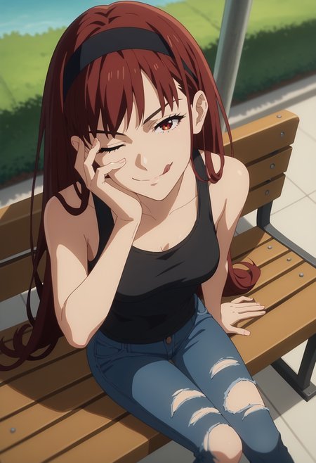 score_9, score_8_up, score_7_up, anime screencap, source_anime, 1girl, solo,
<lora:Hibari_Houkobaru_Makeine_V1:.85>, KJOhibari, red hair, red eyes, brown eyes, long hair, black headband, 
black tank top, jeans, torn legwear,
sitting, on bench, hand on face, smirk, tongue out, one eye closed, looking at viewer, from above, head tilt,
day, park,
(Beautiful, medium Breasts:1.2),