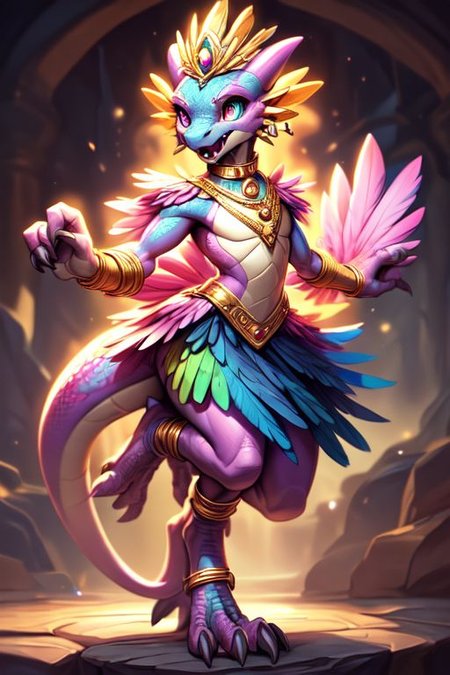 scalie, anthro, ((female)), ((kobold:1.3)), detailed pink scales, detailed scales, intricate scales, ((small breasts)), (nude), (detailed face), (detailed eyes:2), (big eyes:0.5), claws, open mouth, grin, (fangs:1.3), cute, young, muscular, athletic, elegant, beautiful, claws, (slit pupils), bright eyes, expressive eyes, (chubby:0.4), (plump:0.4), smiling, happy,  
((((head with thick long feathers)))), ((feathered arms, feathered legs)) covered in feathers, 
sexy pose, dancing,
(saliva), (drooling:0.5),
<lora:dragon:0.1>,
<lora:addmoredetails:0.1>,
<lora:Velociraptor_Dino:0.1>,
<lora:deathclaw:0.1>,
<lora:azt3ch:0.1>,
<lora:FurryCore:0.6>
<Lora:sailor_moon:1>
by darkgem, by thesecretcave, by silverfox5213, , 
((golden bracelet, golden anklet, golden necklace, golden earrings, iridescent gold, collar, golden tiara)),
noon, sunlight, 
on a beach, 
(ambient light on the body),
Ray tracing, dutch angle, concept art, highly detailed, (hi res), ((masterpiece)), ((best quality)) masterpiece, best quality, masterpiece, best quality, cinematic composition, (masterpiece, best quality, ultra realistic, 4k, (high detail:1.3), sharp focus,