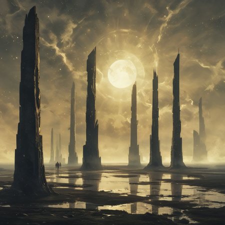 (vertical symmetry:1.4), vntblk, movie poster art, [night, stonehenge, (moon:0.6), intricately flowing light strands:famous artwork by (maurice sapiro:1.3) and (raphael:1.3), (artifact:1.3), ominous dark (cryptic and sublime:1.2) landscape with towering (obelisks:1.5) standing in a straight line, glowing ornate lovecraftian artifact,