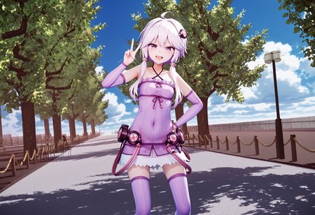 score_9, score_8_up, score_7_up, 
 <lora:YuzukiYukari_Uzai_V1:1>1girl, blue sky, bridge, closed mouth, cloud, cowboy shot, day, facing viewer, feet out of frame, hand on hip, jacket, lamppost, looking at viewer, open mouth, outdoors, outstretched arm, park, photo background, road, scenery, shadow, sleeveless, sleeveless dress, smile, solo, standing, tree, w, walking, wide shot, zettai ryouiki
smug, smirk, blush, teeth, peace sign, double peace sign,>_<,><;,