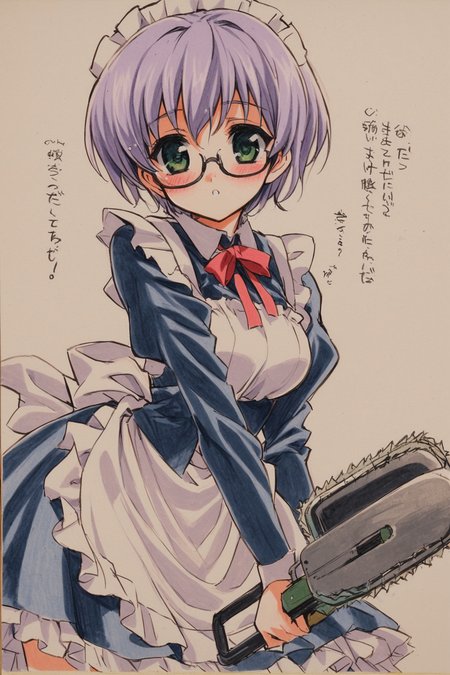 Sakurazaka Hazuki,1girl,glasses,maid,hat,holding chainsaw,blush,light purple hair,short hair,bangs,long sleeves,green eyes,traditional media,<lora:shaa_XL:0.8>,
