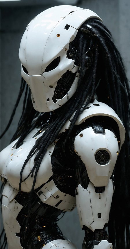professional front photo of a robotic mechanical female predator from the movie "predator", predator movie mask, long black hair gathered in dreadlocks, black ratio, photorealistic, abstract dark background in cyberpunk style, amazing quality, best resolution, cybernetic augmentations, probes, cables, isometric view, depth of field, voluminetric lighting, ultra high definition, backlit, marbling, ultra sharp focus, extremely detailed, ultra high definition

