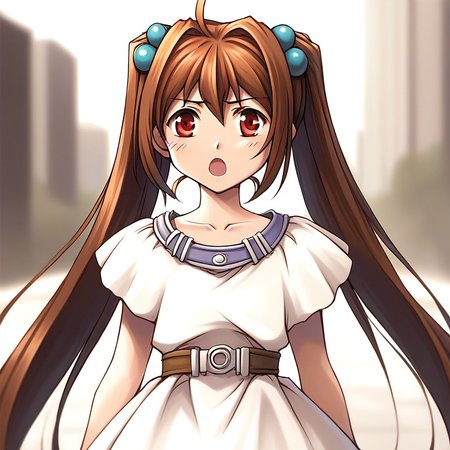 score_9, score_8_up, score_7_up, source_anime, rating_explicit, BREAKã <lora:Estelle_Bright_Retro_XL:1> Estelle_Bright, brown hair, long hair, red eyes, ahoge, closed eyes, very long hair, hair intakes,  short stack,
 1girl, solo, twintails, blush, hair ornament, hair bobbles, open mouth, dress, belt, 
upper body, collarbone, white dress
day, outdoor,
looking at viewer, 
cowboy_Shot,