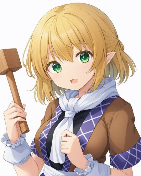 mizuhashi parsee,1girl, solo, arm_warmers, white_background, open_mouth, upper_body, white_scarf, simple_background, short_sleeves, holding_hammer, medium_breasts, brown_shirt, looking_at_viewer, brown_jacket, mallet, white_sash, black_shirt, multicolored_jacket
<lora:mizuhashi_parsee_image5693_2023-12-17-000005:1>,star-shaped_pupils,symbol-shaped_pupils,. gorgeous,key visual, vibrant, studio anime,award-winning, professional, highly detailed,high budget, cinemascope