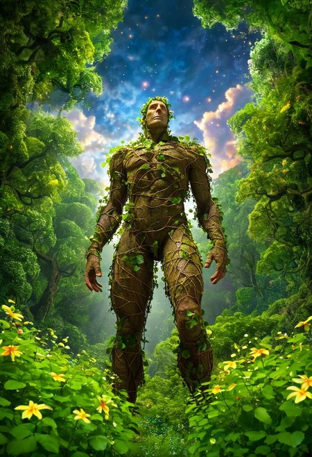 fantasy art, masterpiece, view from below, low angle, fantastical forest, motes of light hang in the air, magical feeling, colorful flowers bloom, green vines, healthy plants, a giant man walks through the forest, he is taller than the trees, his head is in the clouds, seen from below, he is made of earth and stone, his body is soil, he is covered in leaves and vines and flowers, he looks towards the distance, mysterious clouds swirl in the sky, fireflies zip around the bottom edge, magic is in the air,
