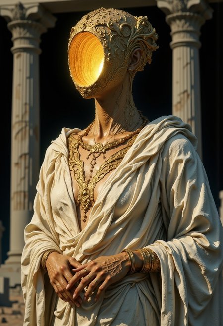 A close-up surreal portrait of an Ancient Greek priestess, standing before the sacred temple of Delphi, her body draped in flowing, white chiton robes that cascade gracefully over her shoulders. Her posture is poised and elegant, her hands raised before her, palms open as if offering herself to the gods. Her head is slightly tilted upward, her expression serene and timeless. Her head is a hollow, featureless piece of carved olive wood, perfectly smooth and rounded, with a large oval cutout at the center of her face, resembling the shape of an ancient Greek amphora. Inside the hollow head, a soft golden light glows, casting delicate rays through the amphora-shaped void, illuminating the textured wooden interior. The light is gentle and mystical, softly pulsating, casting elongated shadows across her chiton robes, detailed with delicate Greek key patterns embroidered in golden thread. Her head is crowned with a golden laurel wreath, its delicate leaves glowing faintly in the dim light. The laurel wreath wraps around the wooden head. The wooden head is polished and smooth, with faint carved patterns of Greek meanders echoing the ornate designs on her robes. The amphora-shaped void is the focal point, drawing the viewer’s eye, symbolizing the oracle’s divine visions and the emptiness of prophecy. The background is dark with faint columns of the Temple of Apollo rising in shadow, their Doric capitals illuminated softly by the golden light emanating from her hollow head.