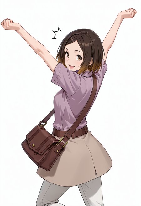 Smooth Quality,masterpiece,very intricate, high quality details, ultra realistic, high detailed skin,detailed enviorement,absurdres,
simple background, white background,
jumping, arms raised, legs bent, happy face, energetic posture,  ,from behind,^^^,solo,
 <lora:Kirara_Mizutani_cnn:0.8> 1girl, short hair, brown hair, multicolored hair, two-tone hair, brown eyes, at viewer, upper body,shirt, short sleeves, collared shirt, coat, pants, purple shirt,brown belt, shoulder bag,