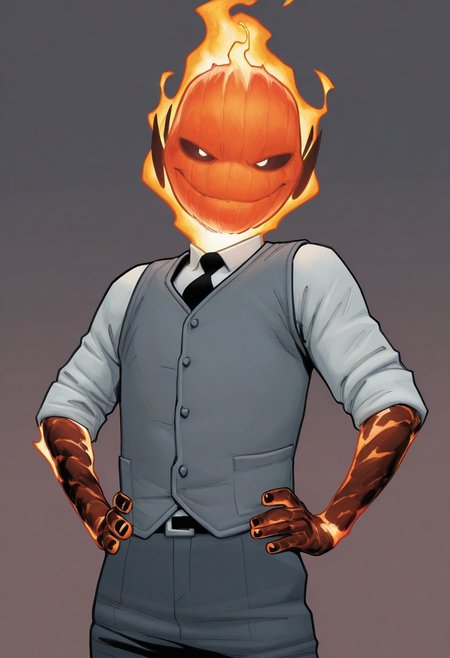 masterpiece, absurdres, high quality, perfect anatomy, 1boy, solo, cute boy, male focus, doyle, Orange Fire, Black Scelera, colored scelera, white shirt, grey vest, belt, sleeves rolled up, smug smile, hands on hips, cinematic, intricately detailed illustration, depth of field, masterpiece, best quality, amazing quality, very aesthetic, absurdres, newest, very awa,  shadow, dynamic angle, casual cosplay, dynamic pose, simple background,