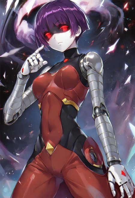 score_9,score_8_up,score_7_up, ASCII,masterpiece,
MD-Doll, android, robot, joints, mechanical_arms, mechanical legs, short hair, pixie cut, with bangs, purple hair, hollow eyes, red pixel eyes, athletic, pronounce facial features, biosuit, white poncho:1.4,  (looking at viewer, standing,dinamic pose,), epic background,  (Kentaro Miura Style:1.5)