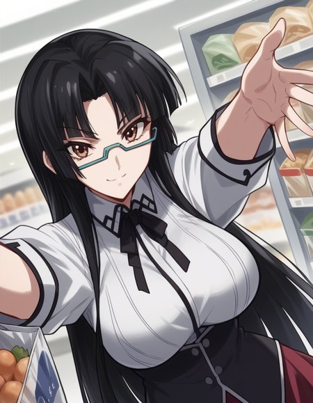 score_9, score_8_up, score_7_up, source_anime, <lora:tsubaki-shinra-s2-ponyxl-lora-nochekaiser:1>, tsubaki shinra, long hair, black hair, brown eyes, glasses, semi-rimless eyewear, under-rim eyewear, parted bangs, bangs, blunt bangs, large breasts, shirt, ribbon, school uniform, white shirt, black ribbon, neck ribbon, long sleeves, skirt, red skirt,, grocery store, cashier, shopping bag, scanning items, small talk, everyday routine, smile, , on back, arm support, arms up, incoming hug, pov, reaching, reaching towards viewer,, solo,, cowboy shot, dutch angle,