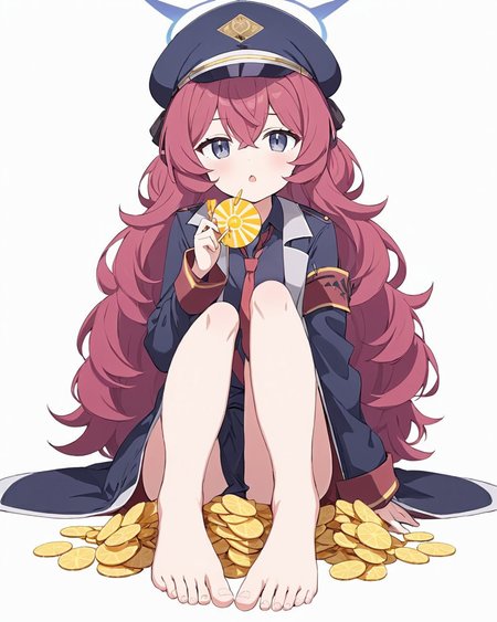 iroha \(blue archive\),1girl, halo, solo, toes, barefoot, feet, military_hat, red_necktie, military, sitting, military_uniform, peaked_cap, black_shirt, looking_at_viewer, legs, jacket, crossed_legs, between_toes, collared_shirt, coat, chips_\(food\), skirt, holding_lollipop, simple_background, white_background, long_sleeves, bag_of_chips, slit_pupils, open_mouth
<lora:iroha_(blue_archive)_image1923_2023-11-27-000012:1>halo. gorgeous,key visual, vibrant, studio anime,award-winning, professional, highly detailed,high budget, cinemascope