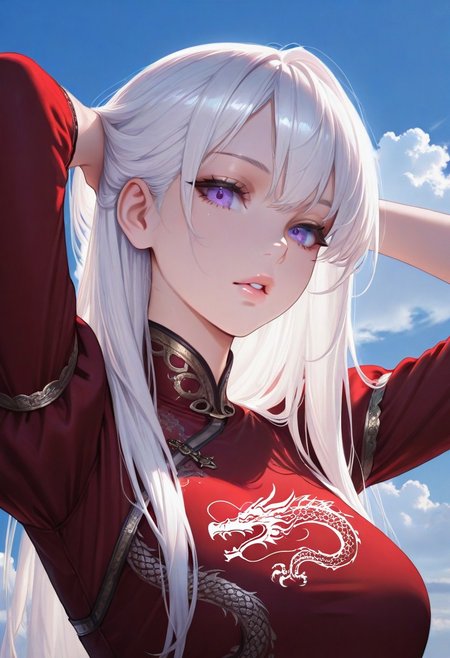 1girl,, sky, white hair, long hair, masterpiece, purple eyes, noble, parted lips, soft lips, luscious lips, glossy lips, looking at viewer, red noble dress, dragon embroidery, outdoors, arms behind head, adjusting hair, cloud, volumetric lighting, blue sky, portrait, upper body,