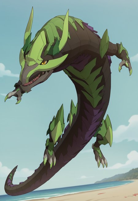 score_9, score_8_up, score_7_up, score_6_up, score_5_up, score_4_up,  <lora:Phaedrus:0.85> solo, no humans, yellow eyes, teeth, sharp teeth, dragon, tail, horns, spikes, flying, looking at viewer, 
(beach background), sky, blurry background,