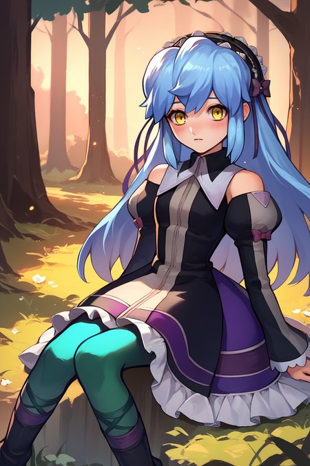score_9, score_8_up, score_7_up, score_6_up, source_anime, 1girl, solo,  <lora:xfkatrina-pdxl-nvwls-v1-000005:1> xfKatrina, blue hair, yellow eyes, long hair, hairband, black dress, detached sleeves, green pantyhose, boots, kneeling, sitting on the ground, wariza, looking at you, blush, forest