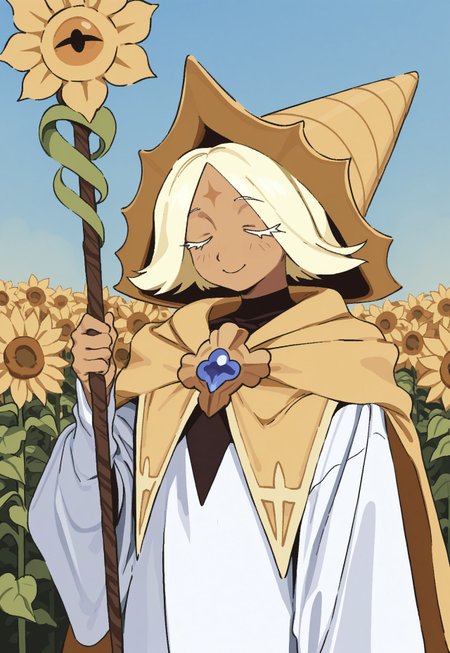 whoopsatr,  anime, masterpiece, best quality, detailed background, 8k, 1boy, solo, pure vanilla cookie, tan skin, blonde hair, short hair, parted bangs, white eyelashes, forehead marking, hat, cone hat, yellow cloak, brooch, white robe, staff, sunflower staff, standing, outdoors, beautiful sky, face close-up, smile, closed eyes, half body, staring at viewer, no pose,